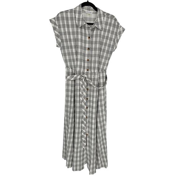 Calvin Klein Womens Sz 6 Maxi Length Shirt Dress Black White Plaid Belted Collar - Picture 1 of 4